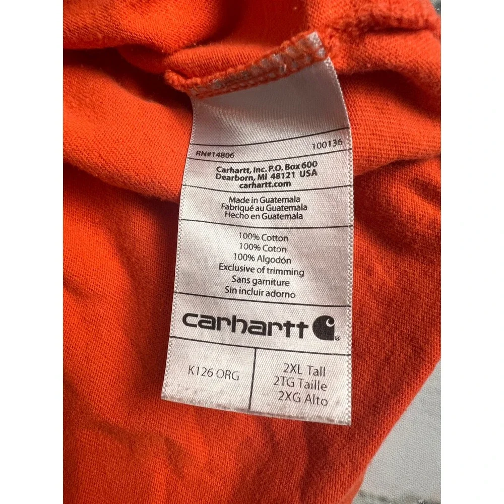 Carhartt Mens Long Sleeve Pocket T-Shirt Orange 2XL Tall Original Fit Cotton